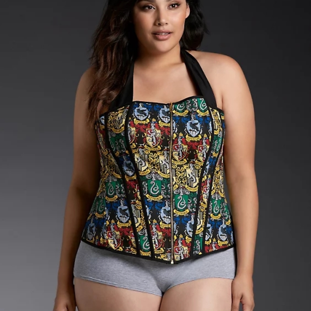 Hogwarts Print Zip Front Lace Up Back Bustier Sz 3